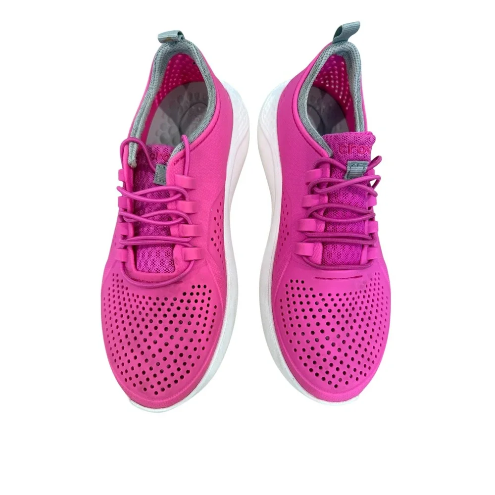 Crocs LiteRide Pacer Kids Shoes‎ J4 Electric Pink Perforated Sneakers 206011